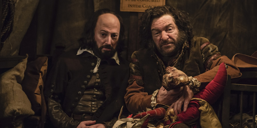 Upstart Crow. Image shows from L to R: Will Shakespeare (David Mitchell), Colin / The Stranger (Kenneth Branagh). Copyright: BBC