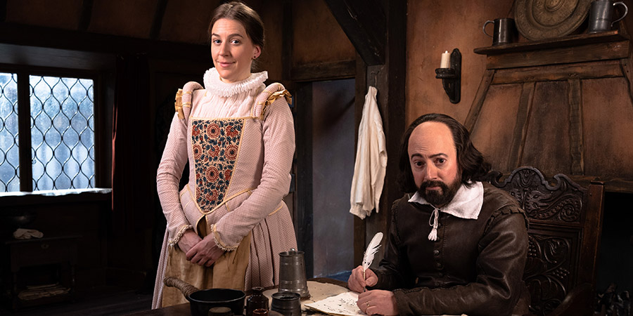 Upstart Crow. Image shows from L to R: Kate (Gemma Whelan), Will Shakespeare (David Mitchell). Copyright: BBC Studios