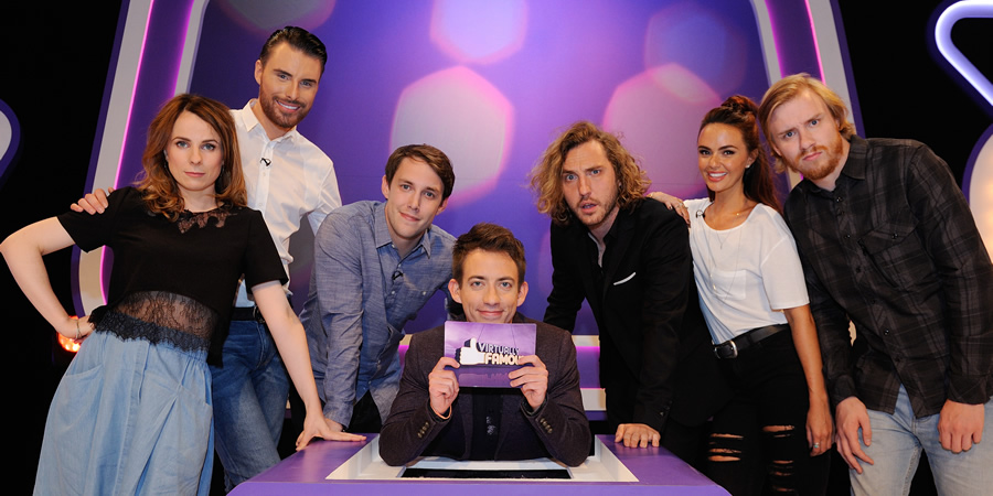 Virtually Famous. Image shows from L to R: Cariad Lloyd, Rylan Clark-Neal, Chris Stark, Kevin McHale, Seann Walsh, Jennifer Metcalfe, Bobby Mair. Copyright: Talkback / Hungry Bear Media