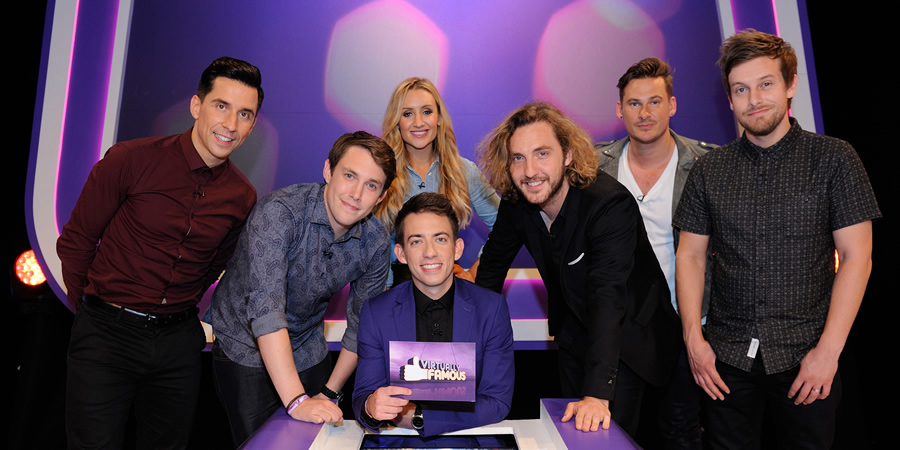 Virtually Famous. Image shows from L to R: Russell Kane, Chris Stark, Catherine Tyldesley, Kevin McHale, Seann Walsh, Lee Ryan, Chris Ramsey. Copyright: Talkback / Hungry Bear Media