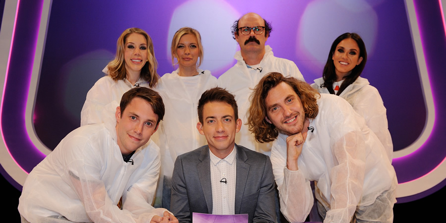 Virtually Famous. Image shows from L to R: Katherine Ryan, Chris Stark, Rachel Riley, Kevin McHale, Sam Simmons, Seann Walsh, Vicky Pattison. Copyright: Talkback / Hungry Bear Media