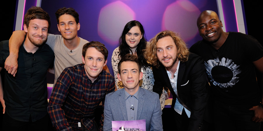 Virtually Famous. Image shows from L to R: Chris Ramsey, Joey Essex, Chris Stark, Kevin McHale, Sharon Rooney, Seann Walsh, Eddie Kadi. Copyright: Talkback / Hungry Bear Media