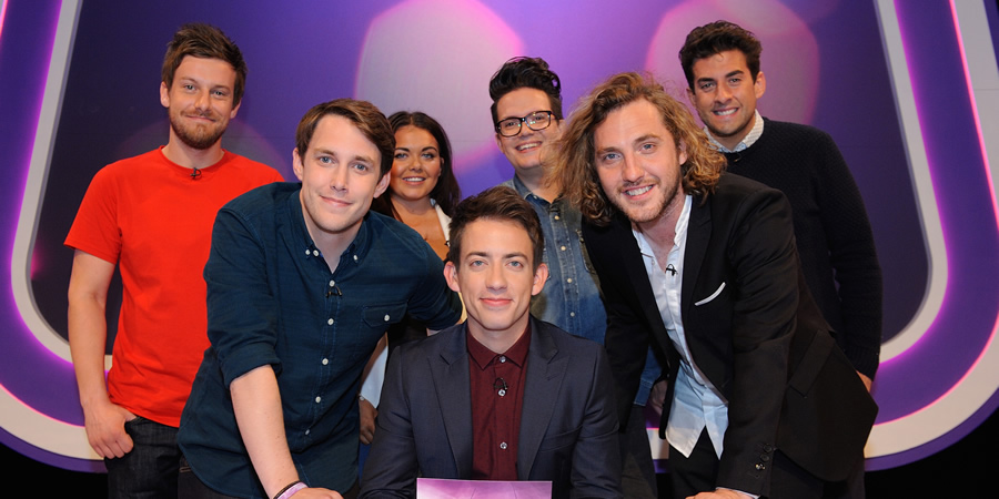 Virtually Famous. Image shows from L to R: Chris Ramsey, Chris Stark, Scarlett Moffatt, Kevin McHale, David Morgan, Seann Walsh, James Argent. Copyright: Talkback / Hungry Bear Media