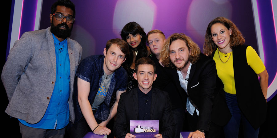 Virtually Famous. Image shows from L to R: Romesh Ranganathan, Chris Stark, Jameela Jamil, Kevin McHale, Thomas Turgoose, Seann Walsh, Suzi Ruffell. Copyright: Talkback / Hungry Bear Media