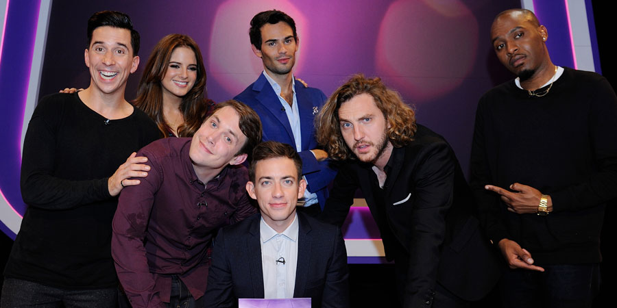 Virtually Famous. Image shows from L to R: Russell Kane, Alexandra Felstead, Chris Stark, Mark-Francis Vandelli, Kevin McHale, Seann Walsh, Dane Baptiste. Copyright: Talkback / Hungry Bear Media