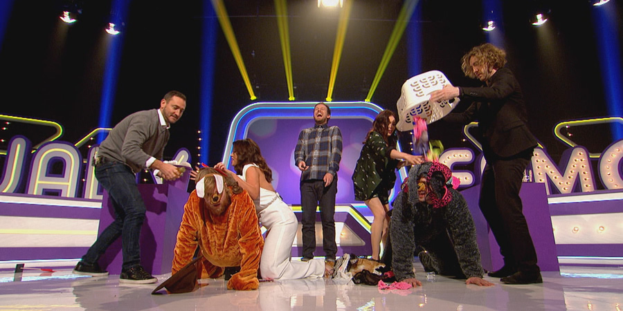 Virtually Famous. Image shows from L to R: Will Mellor, Bobby Mair, Vicky Pattison, Chris Ramsey, Scarlett Moffatt, Shayne Ward, Seann Walsh