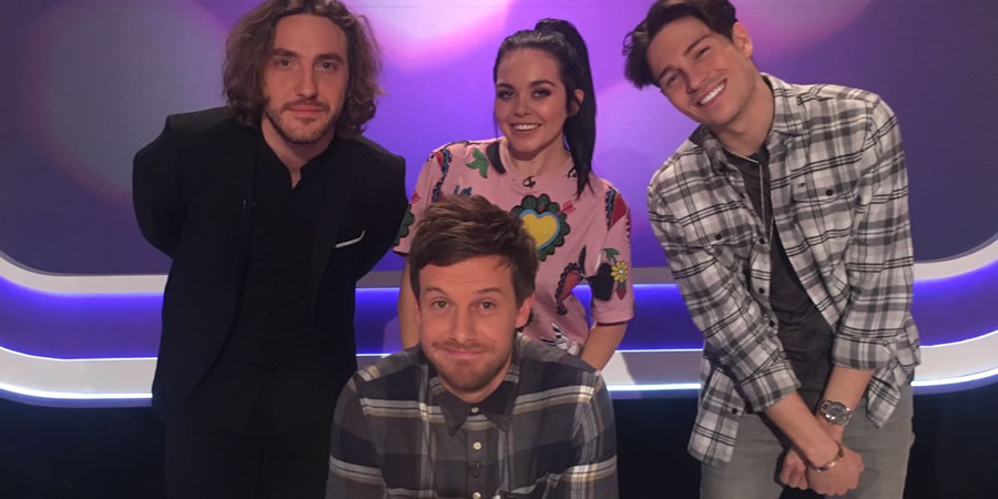 Virtually Famous. Image shows from L to R: Seann Walsh, Chris Ramsey, Scarlett Moffatt, Joey Essex