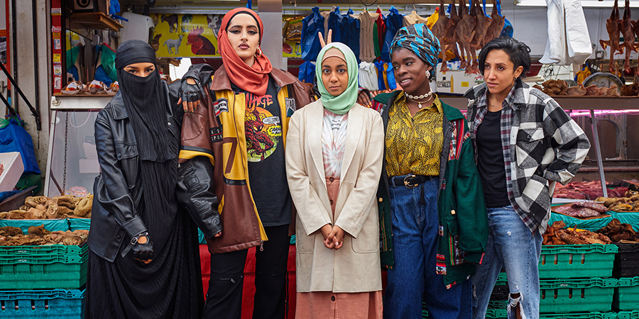 We Are Lady Parts. Image shows from L to R: Momtaz (Lucie Shorthouse), Ayesha (Juliette Motamed), Amina (Anjana Vasan), Bisma (Faith Omole), Saira (Sarah Kameela Impey). Copyright: Working Title Films