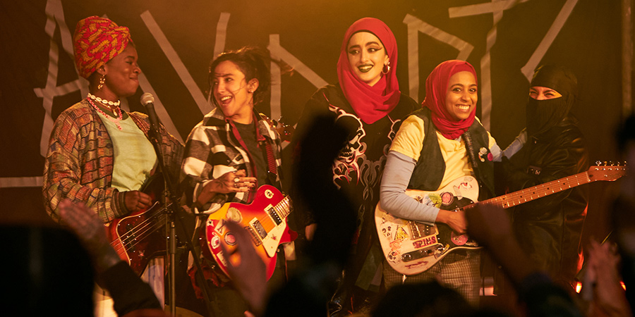 We Are Lady Parts. Image shows from L to R: Bisma (Faith Omole), Saira (Sarah Kameela Impey), Ayesha (Juliette Motamed), Amina (Anjana Vasan), Momtaz (Lucie Shorthouse). Copyright: Working Title Films