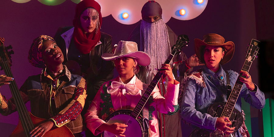 We Are Lady Parts. Image shows left to right: Bisma (Faith Omole), Ayesha (Juliette Motamed), Amina (Anjana Vasan), Momtaz (Lucie Shorthouse), Saira (Sarah Kameela Impey)