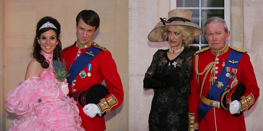 The Windsors. Image shows from L to R: Kate (Louise Ford), Wills (Hugh Skinner), Camilla (Haydn Gwynne), Charles (Harry Enfield)