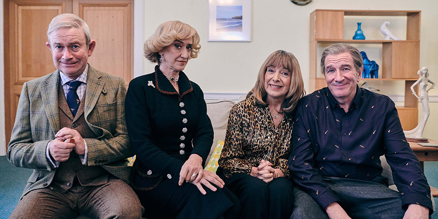 The Windsors. Image shows from L to R: Charles (Harry Enfield), Camilla (Haydn Gwynne), Carole Middleton (Julia Deakin), Michael Middleton (Simon Day). Copyright: Noho Film and TV