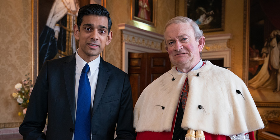 The Windsors. Image shows left to right: Rishi Sunak (Amit Shah), Charles (Harry Enfield)