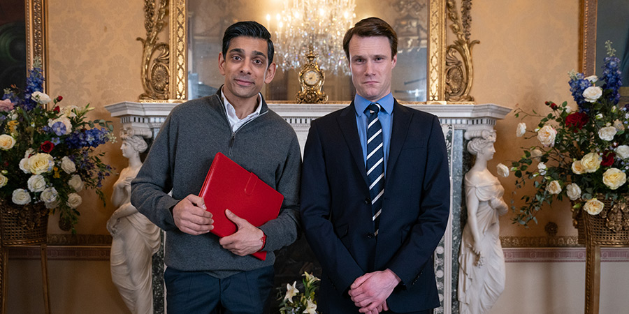 The Windsors. Image shows left to right: Rishi Sunak (Amit Shah), Wills (Hugh Skinner)