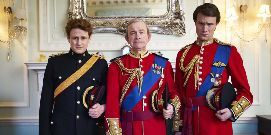 The Windsors. Image shows from L to R: Harry (Richard Goulding), Charles (Harry Enfield), Wills (Hugh Skinner). Copyright: Noho Film and TV