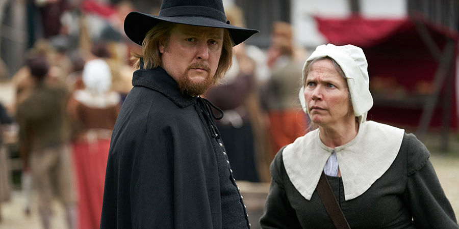 The Witchfinder. Image shows from L to R: Gideon Bannister (Tim Key), Old Myers (Jessica Hynes)