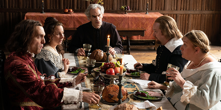 The Witchfinder. Image shows from L to R: Rex (Graham Dickson), Dorothy (Cariad Lloyd), Mr Harvey (Angus Wright), Gideon Bannister (Tim Key), Thomasine Gooch (Daisy May Cooper)