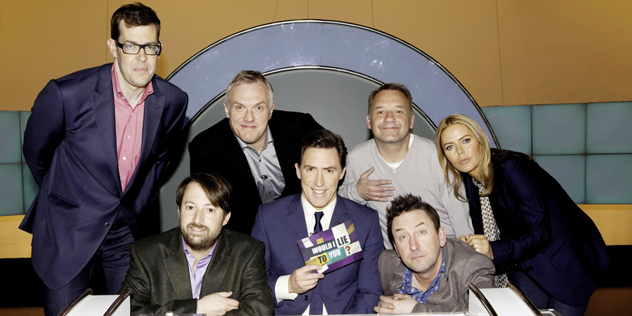 Would I Lie To You?. Image shows from L to R: Richard Osman, David Mitchell, Greg Davies, Rob Brydon, Bob Mortimer, Lee Mack, Patsy Kensit. Copyright: Zeppotron