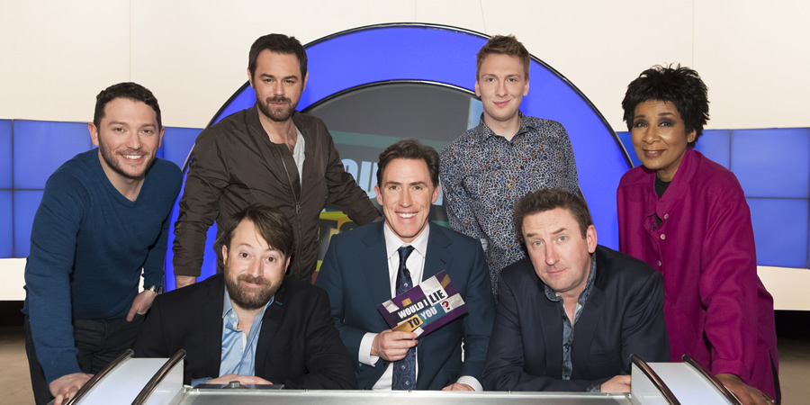 Would I Lie To You?. Image shows from L to R: Jon Richardson, David Mitchell, Danny Dyer, Rob Brydon, Joe Lycett, Lee Mack, Moira Stuart. Copyright: Zeppotron