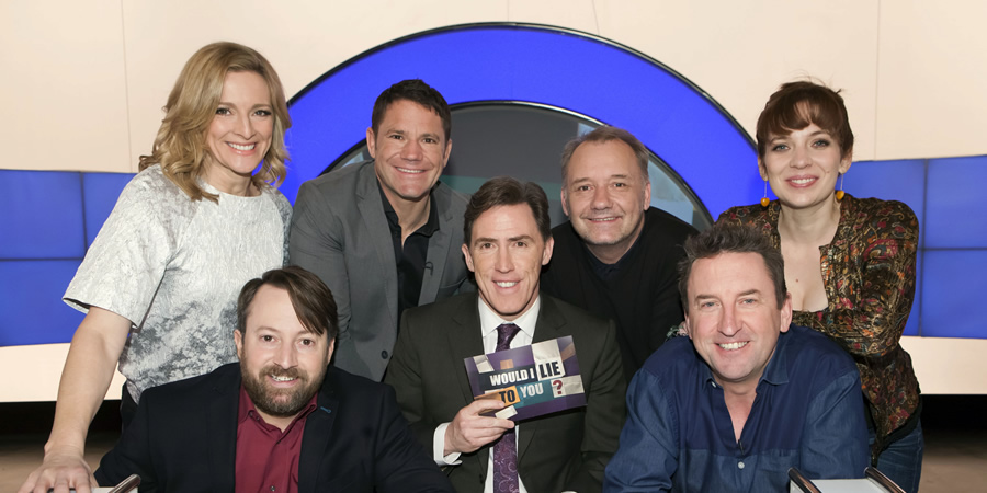 Would I Lie To You?. Image shows from L to R: Gabby Logan, David Mitchell, Steve Backshall, Rob Brydon, Bob Mortimer, Lee Mack, Katherine Parkinson. Copyright: Zeppotron