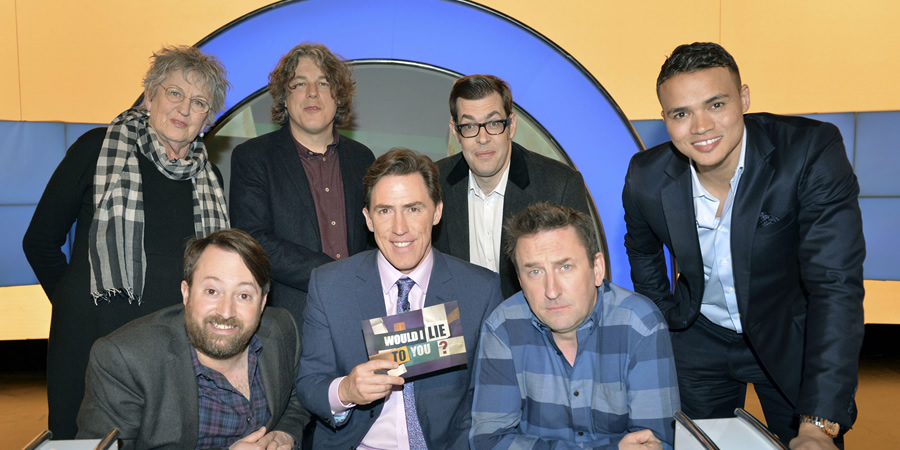 Would I Lie To You?. Image shows from L to R: Germaine Greer, David Mitchell, Alan Davies, Rob Brydon, Richard Osman, Lee Mack, Jermaine Jenas. Copyright: Zeppotron