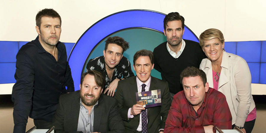 Would I Lie To You?. Image shows from L to R: Rhod Gilbert, David Mitchell, Nick Grimshaw, Lee Mack, Rob Delaney, Clare Balding. Copyright: Zeppotron