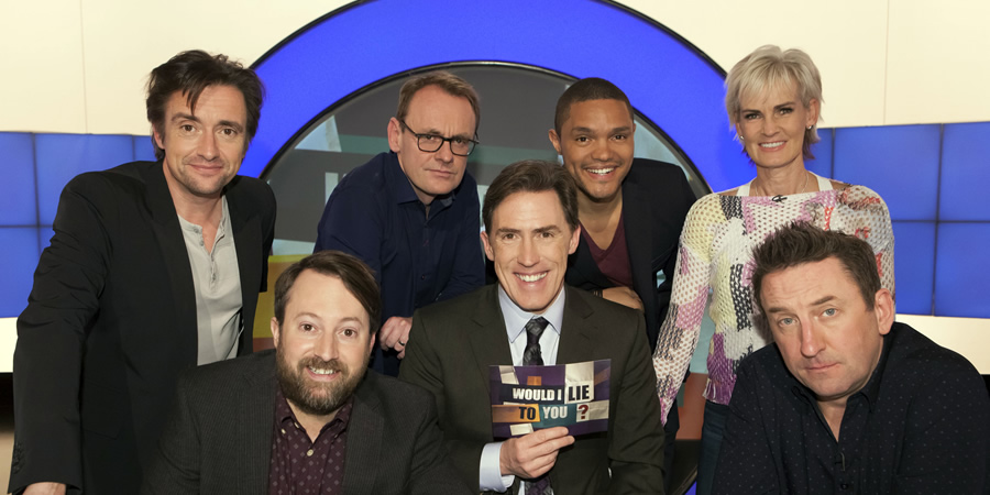 Would I Lie To You?. Image shows from L to R: Richard Hammond, David Mitchell, Sean Lock, Trevor Noah, Judy Murray, Lee Mack. Copyright: Zeppotron