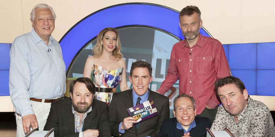 Would I Lie To You?. Image shows from L to R: John Simpson, David Mitchell, Katherine Ryan, Rob Brydon, Warwick Davis, Hugh Dennis, Lee Mack. Copyright: Zeppotron