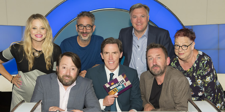 Would I Lie To You?. Image shows from L to R: Kimberly Wyatt, David Mitchell, David Baddiel, Rob Brydon, Ed Balls, Lee Mack, Jo Brand. Copyright: Zeppotron