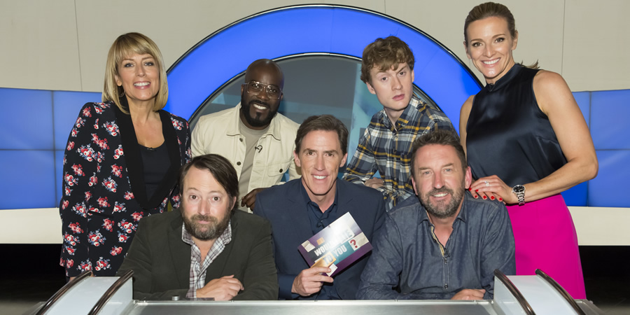 Would I Lie To You?. Image shows from L to R: Fay Ripley, David Mitchell, Melvin Odoom, Rob Brydon, James Acaster, Lee Mack, Gabby Logan. Copyright: Zeppotron