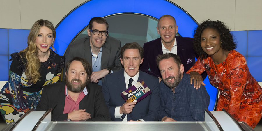 Would I Lie To You?. Image shows from L to R: Katherine Ryan, David Mitchell, Richard Osman, Rob Brydon, Lee Mack, Robert Rinder, Denise Lewis. Copyright: Zeppotron