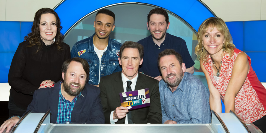 Would I Lie To You?. Image shows from L to R: Olivia Colman, David Mitchell, Aston Merrygold, Rob Brydon, Jon Richardson, Lee Mack, Michaela Strachan. Copyright: Zeppotron