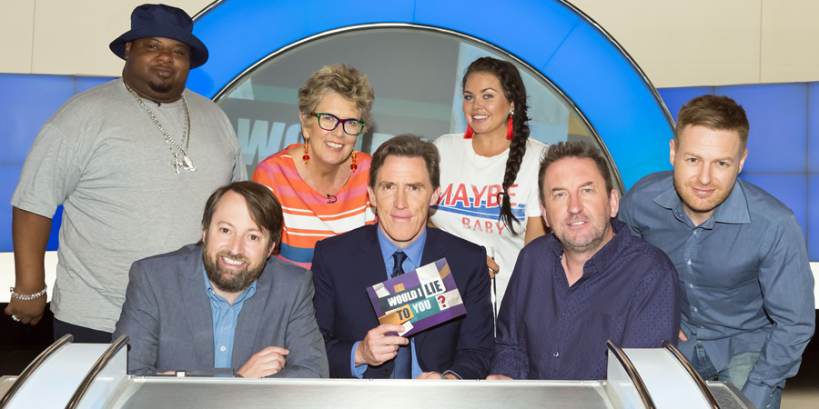 Would I Lie To You?. Image shows from L to R: Big Narstie, David Mitchell, Prue Leith, Rob Brydon, Scarlett Moffatt, Lee Mack, Tomasz Schafernaker. Copyright: Zeppotron