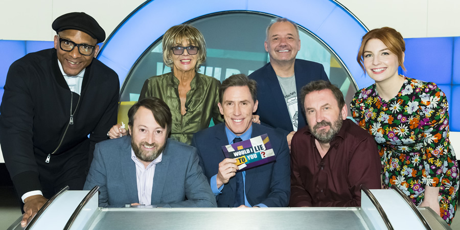 Would I Lie To You?. Image shows from L to R: Jay Blades, David Mitchell, Sue Johnston, Rob Brydon, Bob Mortimer, Lee Mack, Alice Levine. Copyright: Zeppotron