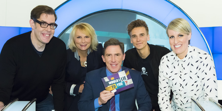 Would I Lie To You?. Image shows from L to R: Richard Osman, Jennifer Saunders, Rob Brydon, Joe Sugg, Steph McGovern. Copyright: Zeppotron