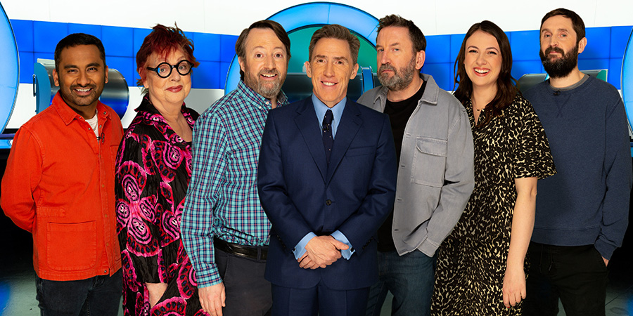 Would I Lie To You?. Image shows left to right: Amol Rajan, Jo Brand, David Mitchell, Rob Brydon, Lee Mack, Lucy Martin, Joe Wilkinson. Credit: Zeppotron