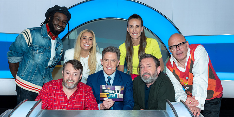 Would I Lie To You?. Image shows left to right: Kojey Radical, David Mitchell, Stacey Solomon, Rob Brydon, Jill Scott, Lee Mack, Harry Hill