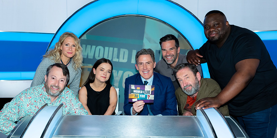 Would I Lie To You?. Image shows left to right: David Mitchell, Lucy Beaumont, Francesca Mills, Rob Brydon, Gethin Jones, Lee Mack, Nabil Abdulrashid