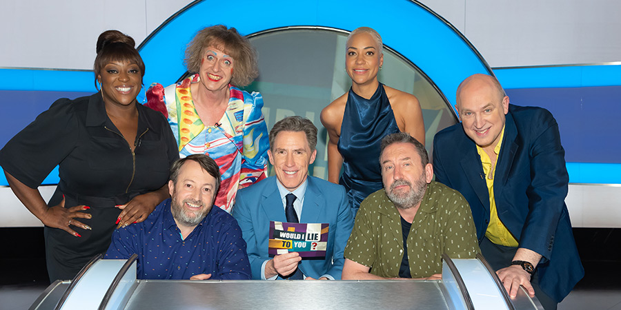 Would I Lie To You?. Image shows left to right: Judi Love, David Mitchell, Grayson Perry, Rob Brydon, Cush Jumbo, Lee Mack, Tim Vine