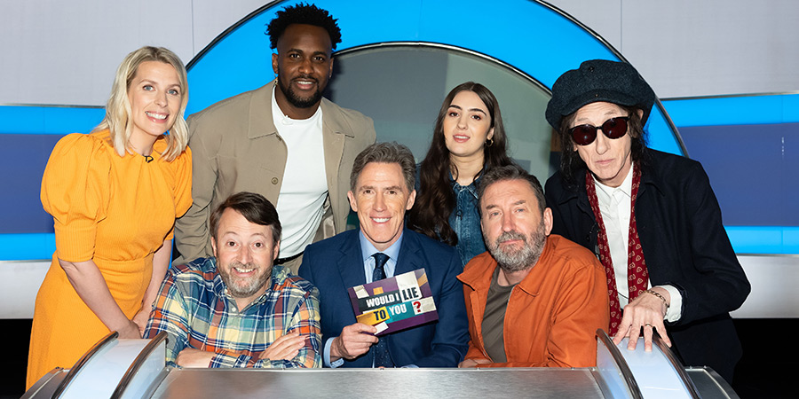 Would I Lie To You?. Image shows left to right: Sara Pascoe, David Mitchell, Kadiff Kirwan, Rob Brydon, Lucia Keskin, Lee Mack, John Cooper Clarke