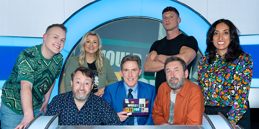 Would I Lie To You?. Image shows left to right: Josh Jones, David Mitchell, Rosie Ramsey, Rob Brydon, Matt Morsia, Lee Mack, Shazia Mirza