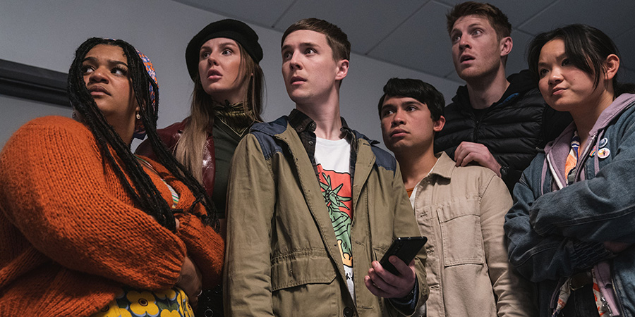 Wreck. Image shows left to right: Lauren Thompson (Amber Grappy), Rosie Preston (Miya Ocego), Jamie Walsh (Oscar Kennedy), Olly Reyes (Anthony Rickman), Cormac Kelly (Peter Claffey), Vivian Lim (Thaddea Graham)