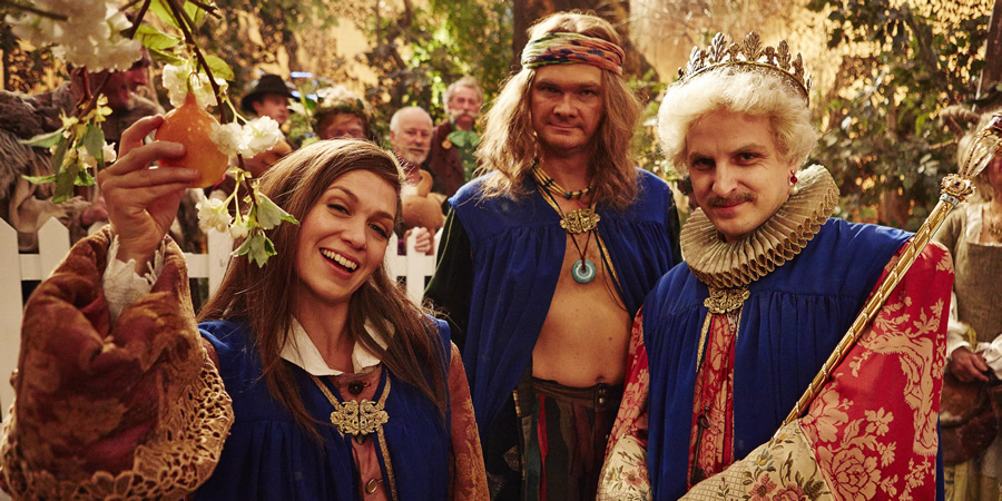 Yonderland. Image shows from L to R: Clare Thomson, Simon Farnaby, Ben Willbond. Copyright: Working Title Films