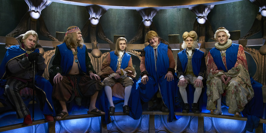 Yonderland. Image shows from L to R: Jim Howick, Simon Farnaby, Laurence Rickard, Cuddly Dick (Stephen Fry), Mathew Baynton, Ben Willbond. Copyright: Working Title Films