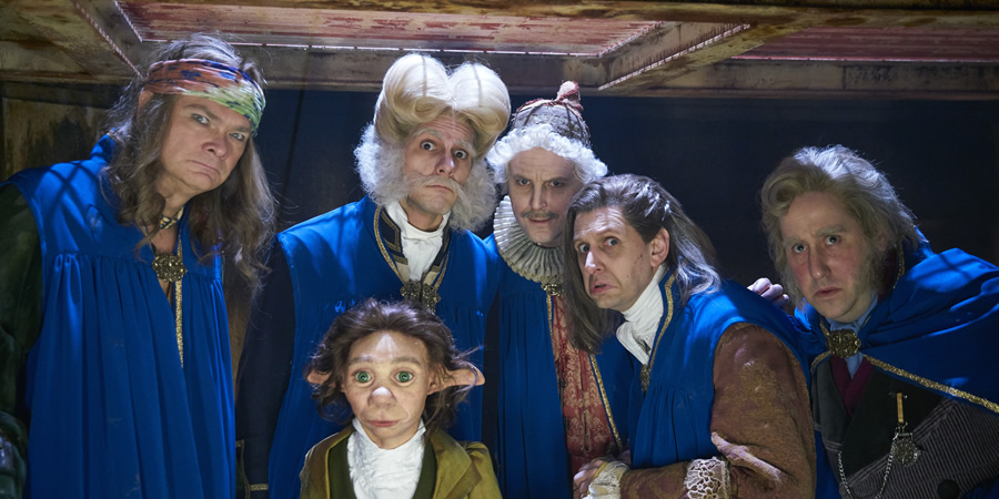 Yonderland. Image shows from L to R: Simon Farnaby, Mathew Baynton, Ben Willbond, Laurence Rickard, Jim Howick. Copyright: Working Title Films