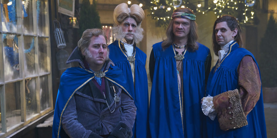 Yonderland. Image shows from L to R: Jim Howick, Mathew Baynton, Simon Farnaby, Laurence Rickard. Copyright: Working Title Films