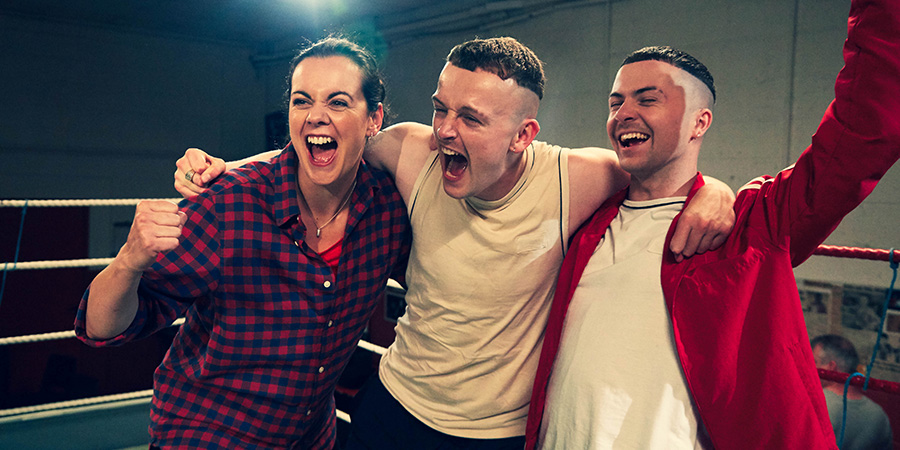The Young Offenders. Image shows from L to R: Mairead MacSweeney (Hilary Rose), Jock O'Keeffe (Chris Walley), Conor MacSweeney (Alex Murphy)