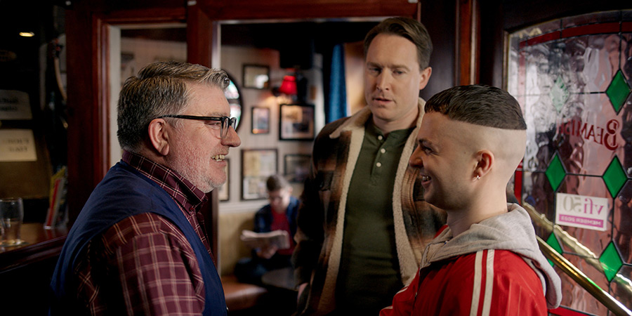 The Young Offenders. Image shows left to right: Tony Senior (Pat Shortt), Sergeant Tony Healy (Dominic MacHale), Conor MacSweeney (Alex Murphy)