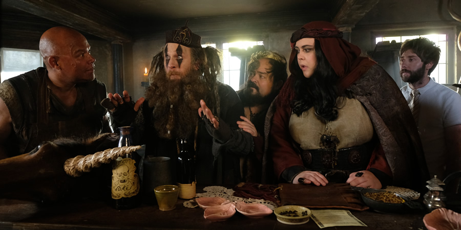 Zapped. Image shows from L to R: Herman (Louis Emerick), Howell (Paul Kaye), Steg (Kenneth Collard), Barbara (Sharon Rooney), Brian (James Buckley)