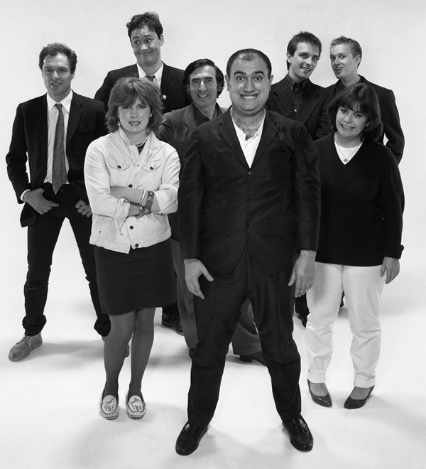 Image shows from L to R: Peter Richardson, Jennifer Saunders, Nigel Planer, Arnold Brown, Alexei Sayle, Rik Mayall, Adrian Edmondson, Dawn French. Copyright: Trevor Rogers